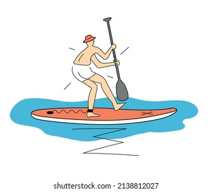 


Man stand up on paddle board, cartoon.
Stylized simple illustration of funny scared man. T-shirt design. Vector available.