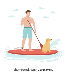 A man stand up on paddle board with dog. Flat cartoon character. Summer outdoor activity. Boy surfing on sup board. Beach vacation. Vector illustration.