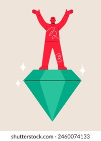 Man stand on precious high value diamond. Value proposition concept. Colorful vector illustration
