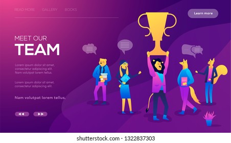Man Stand On Prize Winner Cup, Businesspeople Group Congratulating Success Concept.  Group of people celebrating prize winning. Small group of people cheering golden cup trophy 