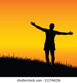 Man Stand With Open Arms At Sunset Vector Illustration