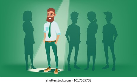 Man Stand Out From The Crowd Vector. Choosing Worker. Smiling Business Man. Standing Office Workers. Job And Staff, Human And Recruitment. Flat Illustration
