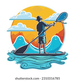 Man stand up paddle boarding on quiet sea, sunset. Cartoon vector illustration. white background, label, sticker 