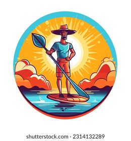 Man stand up paddle boarding on quiet sea, sunset. Cartoon vector illustration. white background, label, sticker 