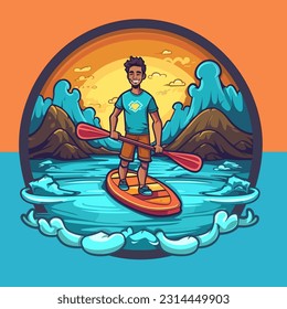 Man stand up paddle boarding on quiet sea, sunset. Cartoon vector illustration. white background, label, sticker 