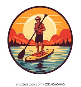 Man stand up paddle boarding on quiet sea, sunset. Cartoon vector illustration. white background, label, sticker 