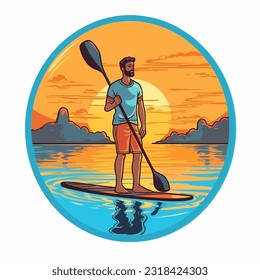 Man stand up paddle boarding on quiet sea, sunset. Cartoon vector illustration. white background, label, sticker 