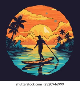 Man stand up paddle boarding on quiet sea, sunset. Cartoon vector illustration. white background, label, sticker 