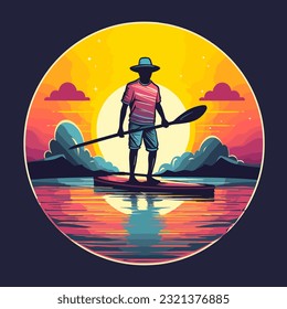 Man stand up paddle boarding on quiet sea, sunset. Cartoon vector illustration. white background, label, sticker 