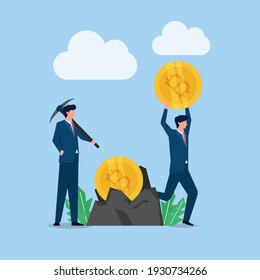 Man stand with pickaxe while other bring crypto coin metaphor of mining.