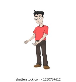 Man stand and smile ready to hold something. Man in a short hair work with his hand.
