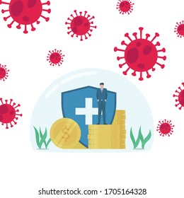 Man stand upon coins stack and shield metaphor of finance protection. Business flat vector concept illustration for Wallpaper, Banner, Background, Infographic, Book, And Web Landing Page.