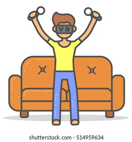 Man stand in virtual reality glasses next to the couch in room flat style. Vector character in vr near sofa line illustration.