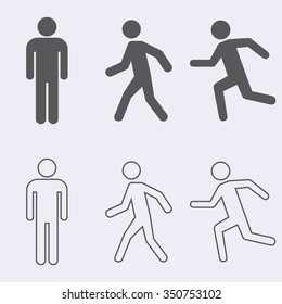 Man Stand , Walk And Run Outline Icon Set .Vector Illustration