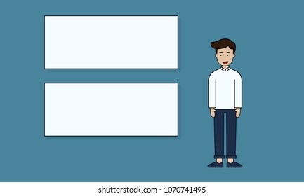 man stand with white board presentation, illustration flat design info graphic.