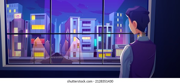 Man Stand At Window Rear View Look On Night City Street Crossroad With Modern Skyscraper Buildings And Glow Lamps. Lonely Male Character Look Outside Of Home On Megalopolis Cartoon Vector Illustration