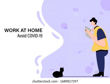 Un hombre está de pie trabajando con una tableta inteligente en casa con fondo morado y blanco. Concepto de cuarentena del virus Corona con trabajar desde casa para proteger el contagio del virus en el diseño de caricaturas planas.