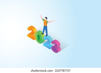 a man standing above 2023 while spreading his hands. isometric vector illustration of 2023.