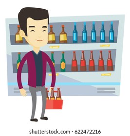 Man standing in alcohol store with pack of beer on the background of refrigerator with bottles. Beer lover holding pack with bottles. Vector flat design illustration isolated on white background.