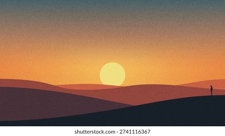 Man standing alone enjoying sunset view in desert flat design style. Solitude concept vector illustration. Minimalist landscape for background.