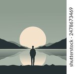 A Man Standing Alone Looking at the Lake. Aesthetic Design. Simple Wall Decorations and Decorations. Pro Vector