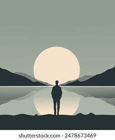 A Man Standing Alone Looking at the Lake. Aesthetic Design. Simple Wall Decorations and Decorations. Pro Vector