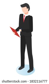 Man standing alone with notepad in hands, person isolated on white. Manager or businessman prepare for meeting or financial report. Guy work as analyst or financier in company. Vector, isometric