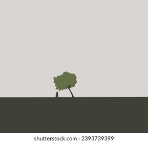 Man standing alone on a hill under the autumn tree enjoy mountain valley. Adventure wellbeing concept, mysterious. Minimal design.
