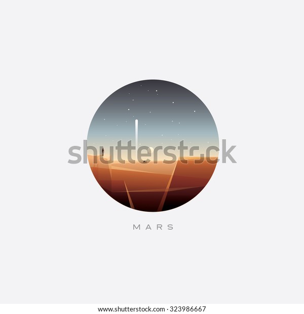 Man standing alone on a planet Mars surface\
landscape watching rocket ship lift off. Minimalistic contemporary\
vector illustration