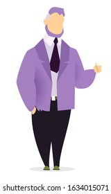 Man standing alone, person posing isolated on white. Manager or businessman talking to somebody actively gesturing. Boss in suit, jacket and pants on meeting. Vector illustration in flat style