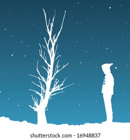 man standing alone in a winter night, vector illustration