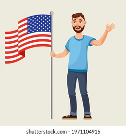 Man standing with american flag. Male person in cartoon style.