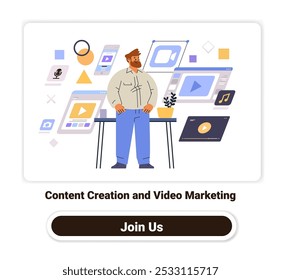 Man standing among digital media icons content creation video marketing concept various multimedia elements modern flat design