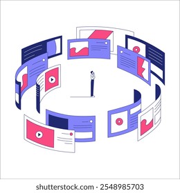 Homem De Pé Entre Telas Digitais Na Ilustração De Vetor Plano Simbolizando Tecnologia, Mídia Digital E Sobrecarga De Informações, Isolado No Fundo Branco