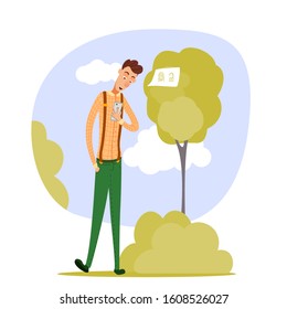 Man standing among green trees in city park. Guy holding smartphone and open access via fingerprint recognition. Identification system. Biometric authentication. Vector cartoon flat illustration