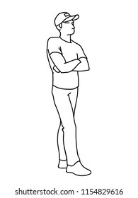 Man standing, arms crossed at chest. Black lines isolated on white background. Vector illustration of man in baseball cap in simple line art style. Monochromatic hand drawn sketch. 