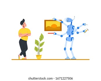 Man is standing arms crossed. Robot hammering a picture to a wall. Color vector cartoon flat illustration. Concept - people relax, robots work