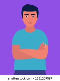 Hombre de pie con los brazos cruzados. Ilustración vectorial en un estilo plano