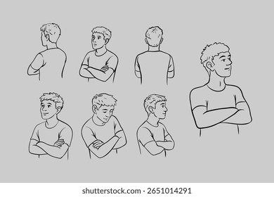 Man standing with arms crossed vector set – front, side, and back views, casual pose, character design reference, isolated on white background.