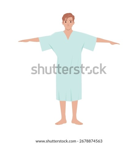 Man standing with arms extended sideways, dressed in a light blue hospital gown. Flat vector illustration isolated on white background