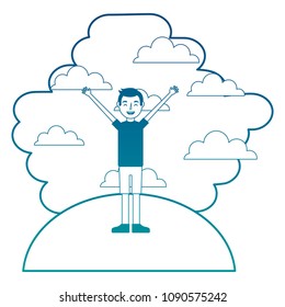 man standing arms up in landscape clouds sky
