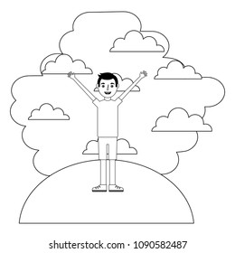 man standing arms up in landscape clouds sky