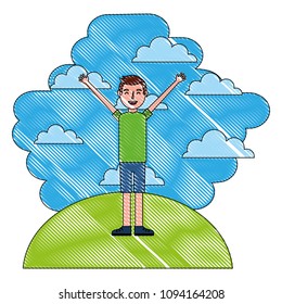 man standing arms up in landscape clouds sky
