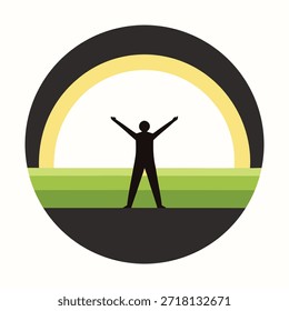 man standing with arms raised in front of a semicircle symbol of success and achievement
