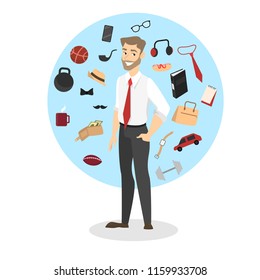 Man standing around every day accessories and devices. Collection of different things such as bag, clock and phone. Isolated vector illustration in cartoon style