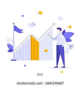 Man standing at ascending chart. Concept of IPO, initial public offering or stock market launch, financial profit from investment, dividends. Modern flat vector illustration for banner, poster.