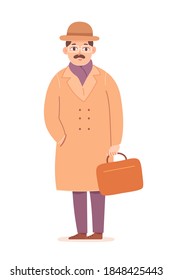 Man standing in autumn clothes. Front view of handsome male worker in casual fall coat, scarf and hat with hands in pockets on white background. People fashion vector illustration.