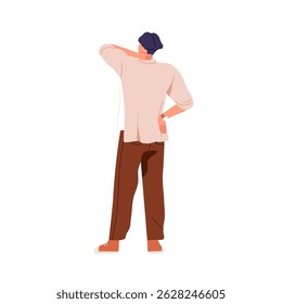 Man standing with back turned, thinking. Young male in thoughtful pensive pose, hand on hip, scratching neck, looking forward, view from behind. Flat vector illustration isolated on white background