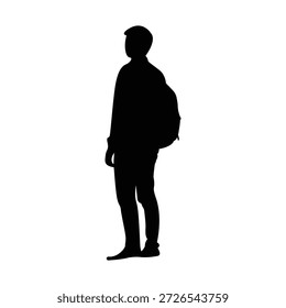 Mann, der mit Rucksack-Silhouette steht. Schwarze Silhouette mit Hintergrund, geeignet für Reise- und Lifestyle-Konzepte.