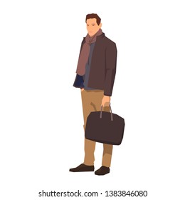 Man standing in with bag in hand, isolated geometric vector illustration. Flat design. Autumn clothing. Fashion model